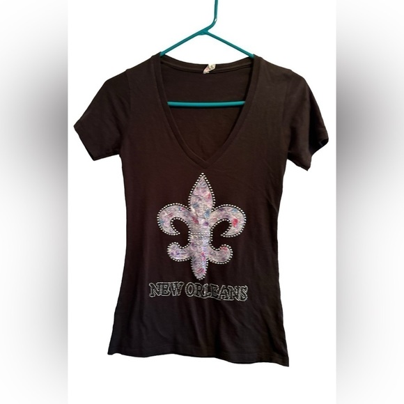 New Orleans Black Tee Shirt Womens Small Embellished Metallic Fluer-de-lis - Picture 4 of 14